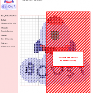 A cross-stitch pattern showcasing a modern floral design in shades of red, pink, and purple on white aida cloth. The design includes clear stitch markings.