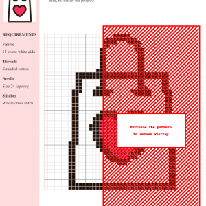 Cross stitch pattern chart depicting a shopping bag with a heart, featuring red and black threads on 14-count white aida cloth.