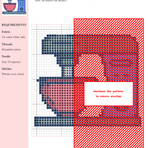 Cross-stitch pattern depicting a charming electric mixer in shades of pink, red, and blue. The design uses whole cross stitch.