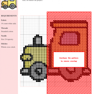 Cross stitch pattern of a charming tractor featuring red, yellow, and gray colors on 14-count white Aida fabric. The design includes clear stitch instructions.