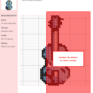 Cross-stitch pattern of a violin, featuring various shades of blue, purple, and red on white aida cloth. A grid overlay shows the stitching design.