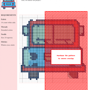Cross-stitch pattern of a school bus, featuring a color-coded chart and materials list.
