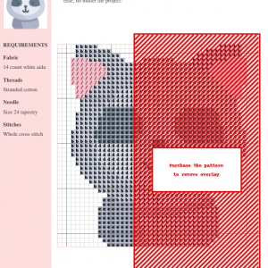 Cross-stitch pattern depicting a charming lemur, featuring grayscale and pink thread colors on 14-count white aida fabric. The pattern includes clear instructions and DMC/Anchor thread color numbers.