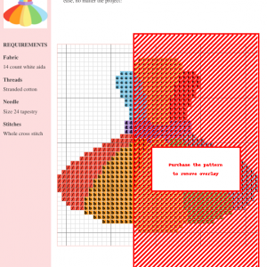 Cross stitch pattern depicting a stylized dress in warm colors. The design uses whole cross stitch and includes a color key.