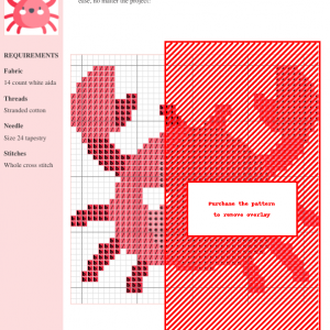 Cross stitch pattern of a cute crab in shades of pink on white aida fabric. Clear instructions and thread color numbers are included.