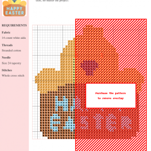 A cross-stitch pattern featuring a cute Easter chick, displayed on a grid with color-coded symbols and instructions. The design is predominantly brown, orange, and light blue.