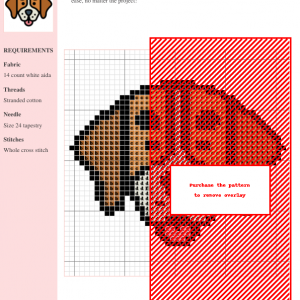 Cross stitch pattern of a beagle dog. The design uses brown, white, and black threads on white aida fabric.