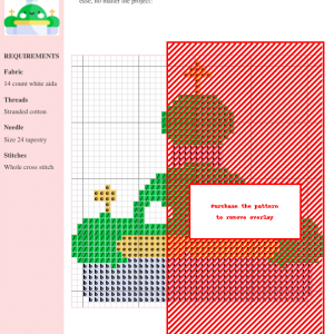 Cross-stitch pattern of a church, featuring green, red, and beige colors. The design is presented on a grid with color-coded symbols.