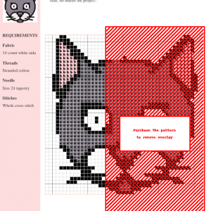 Cross stitch pattern design featuring a cute cat in shades of gray, with a red overlay indicating the full design area. Instructions and materials list included.