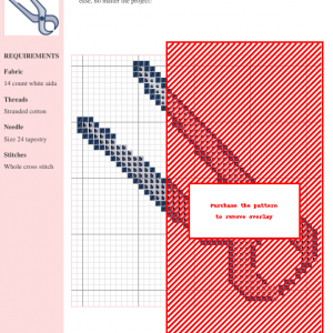 Cross stitch pattern depicting a pair of pliers, featuring a dark blue and red color scheme on 14-count white Aida fabric.