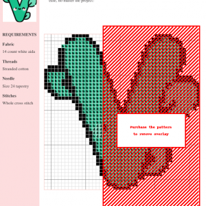 Cross-stitch pattern showcasing a charming vegan cactus design in teal and red, ready for stitching.