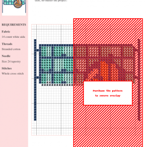 Image of a cross-stitch pattern featuring a volleyball design, with color-coded chart and materials list.