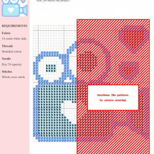 A cross-stitching pattern featuring a partially visible design in shades of blue and red on 14-count white aida fabric. The pattern includes clear stitch instructions.