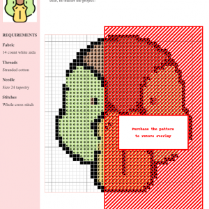 Cross-stitch pattern featuring an adorable duck design in shades of green, orange, and red. The pattern uses whole cross stitch.