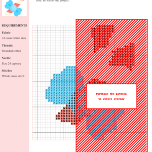 Cross stitch pattern chart featuring a candy cane design in red, light blue, and pink on white aida cloth.