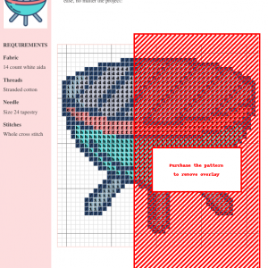 Cross stitch pattern design of a barbecue grill, featuring various shades of blue, red, and teal. The pattern includes a key and clear grid.