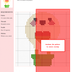 Cross stitch pattern design of a whimsical hot air balloon in red, beige, green and other colors, suitable for beginners. Includes materials list.