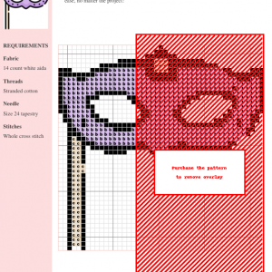 Cross stitch pattern design of a purple eye mask with a star. The pattern includes a color key and uses whole cross stitches.