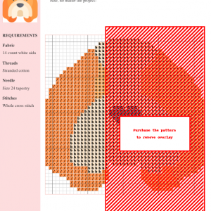 Cross stitch pattern showcasing a charming Shih Tzu dog design. The pattern uses orange and beige threads on white aida cloth.