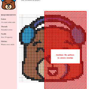 Cross-stitch pattern of a charming bear wearing headphones, featuring brown, beige, and blue threads on white aida fabric.