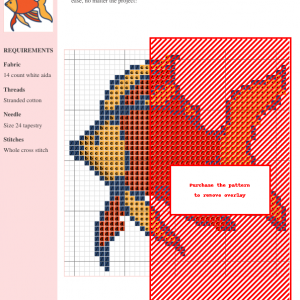 Cross stitch pattern featuring a detailed goldfish design in shades of orange, red, and dark blue, against a white aida fabric background.