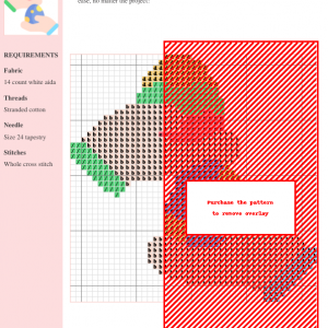 Image of an Easter-themed cross stitch pattern featuring colorful eggs and a red background, with clear instructions and thread color numbers.