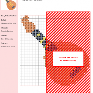 Cross-stitch pattern design featuring a kobza, a type of lute, in warm orange, brown, and gray tones on white aida fabric.