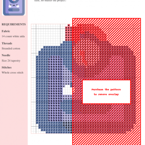 Cross-stitch pattern depicting a cute weight scale design in shades of purple and red. The pattern uses whole cross stitches.