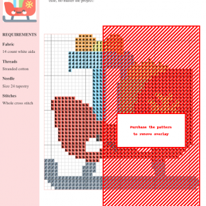 Cross-stitch pattern depicting a charming sleigh, featuring a color-coded chart and materials list. Perfect for holiday crafting.
