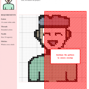 Cross stitch pattern design featuring a cute boy in red and green, perfect for beginners. Includes a color key and stitch count.