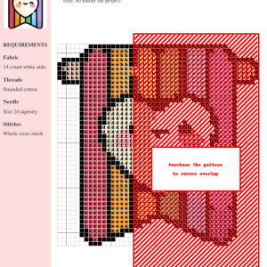Cross stitch pattern design of a cute rainbow banner featuring a heart. The pattern includes color-coded key and materials list.