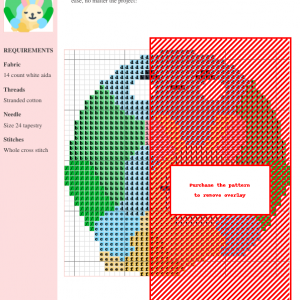 Cross-stitch pattern featuring a circular design with green, blue, orange, and red sections. The pattern uses whole cross stitch and is presented on a grid.