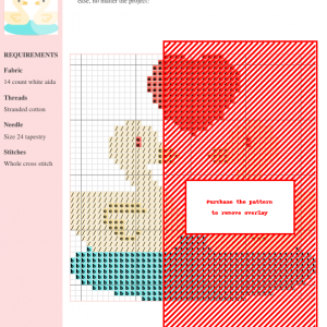 Cross stitch pattern featuring two swans with a heart, and a red background. Includes color-coded chart and material requirements.
