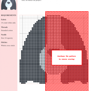 Cross stitch pattern of a Springer Spaniel dog, featuring grayscale and red threads on white Aida fabric. The design includes clear stitch instructions.