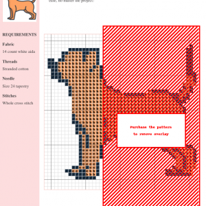 Cross stitch pattern design of a Chihuahua dog, featuring brown and black thread colors on white Aida fabric. The pattern includes clear instructions and DMC/Anchor thread color codes.