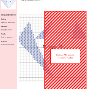 Cross stitch pattern depicting a diamond shape, using light blue thread on white aida cloth. The image shows a chart and a preview of the finished design.