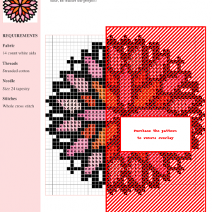Cross stitch pattern featuring a detailed dahlia flower in shades of pink, orange, and red on white aida cloth. Clear instructions and DMC/Anchor thread color numbers are included.