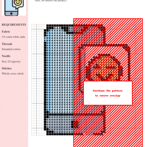 Cross stitch pattern depicting a mobile phone with a speech bubble, featuring clear color-coded symbols and grid.