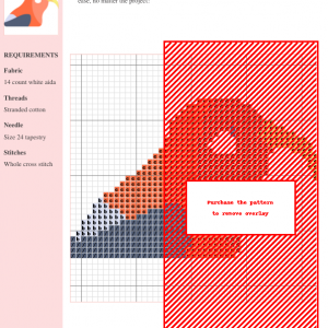 Cross stitch pattern of a kiwi bird, featuring orange, gray, and white threads on 14-count white aida fabric.