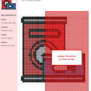 Cross stitch pattern chart depicting a design of canned food items in red, black, and blue, suitable for 14-count white aida cloth.