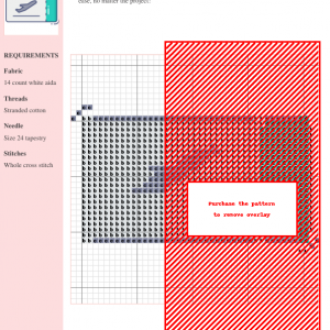 Cross-stitch pattern design featuring a stylized ticket design with red and gray threads on a white aida cloth.