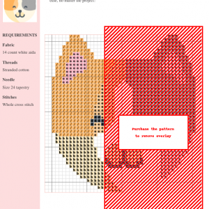 Cross stitch pattern featuring a charming Japanese Bobtail cat. The design uses peach, cream, and dark grey threads on white aida cloth.