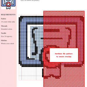 Cross-stitch pattern design depicting a wedding certificate. The pattern uses blues, purples, and reds on white Aida cloth.