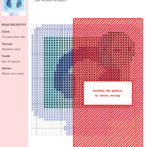Cross stitch pattern featuring a teal and blue design on white aida cloth. The image shows a portion of the completed design and a key.