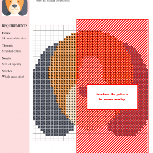 Cross stitch pattern of a beagle dog, featuring shades of gray, brown, and red on white aida cloth. Includes clear grid and color key.