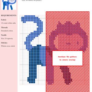 Cross stitch pattern of a spider monkey, rendered in shades of blue on white aida cloth. The design includes clear grid lines.