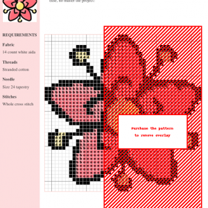 Cross stitch pattern chart showcasing a delicate butterfly design in shades of red and pink, on a white 14-count aida fabric.