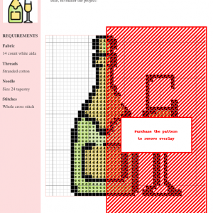 Cross stitch pattern depicting a bottle of champagne and a champagne flute. The design is primarily yellow, orange, and red on a white background.
