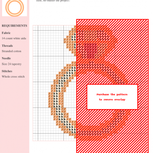 Cross stitch pattern depicting a ring, using peach and red threads on white aida fabric. Clear instructions and DMC/Anchor thread color numbers included.