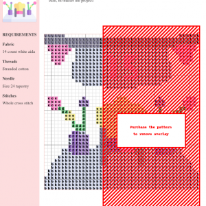 Cross-stitch pattern chart featuring a floral scene with various pastel colors, presented on a white background.